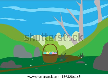 Spring scene, background with basket with Easter eggs.. Vector flat easter holiday illustration. 