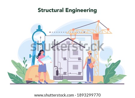Engineering concept. Technology and science. Professional occupation to design and build machines and structures. Architecture work or designer. Isolated flat vector illustration