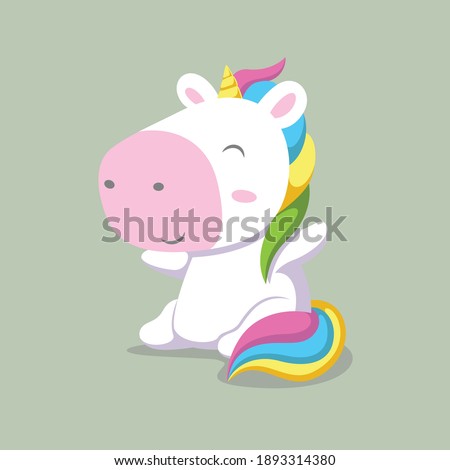 The cute unicorn with the big head is sitting and posing from the side of illustration