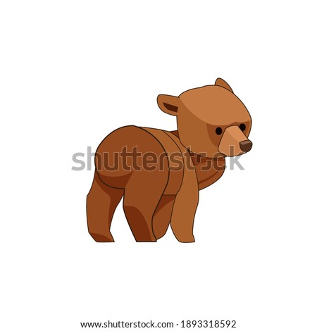 The bear cub walks and looks around in surprise. Rear view. Cartoon character of a baby mammal animal. A wild forest creature with brown fur. Vector flat illustration isolated on a white background.