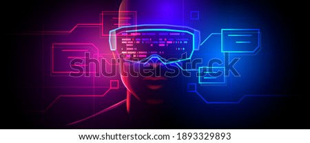 Silhouette of a human face in augmented or virtual reality glasses. Abstract digital interface on dark background. Vector illustration Royalty-Free Stock Photo #1893329893