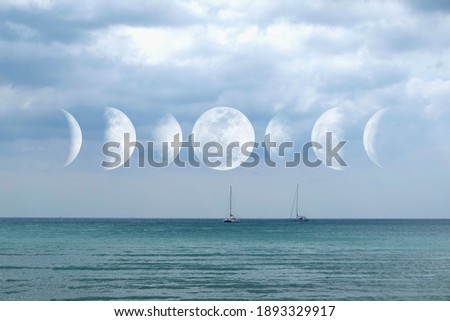 Phases of the Moon with the nice seascape : Waxing Crescent, Waxing Gibbous, Waning Gibbous, and Waning Crescent. The pictures taken from own camera.