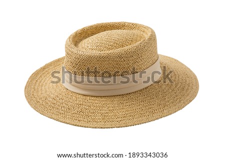 Brown wide brim straw hat with white scree isolate on white background. Royalty-Free Stock Photo #1893343036