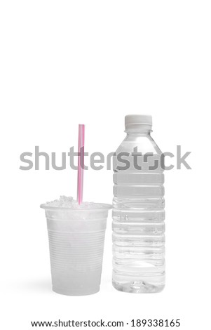 Small plastic water bottle with  ice in plastic glass