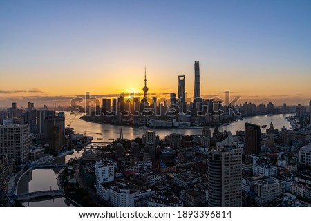 Asia China Shanghai Huangpu District City Sunrise Blue Tone High-rise Building Perspective