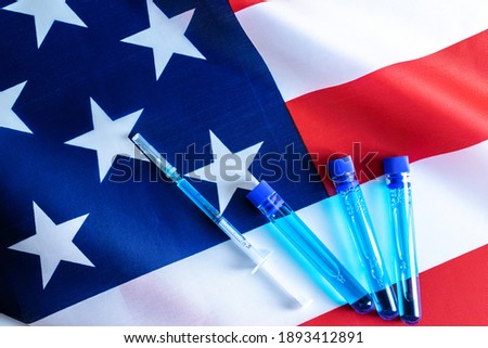Vial syringe. Medical syringe with needle for protection flu virus and coronavirus. Covid vaccine usa flag of america. Medicine concept vaccination hypodermic injection treatment