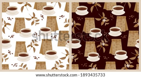 Two vector monochrome seamless patterns in flat style on the white and dark backgrounds with a cup, coffee beans, packaging and a branch of a coffee tree.
