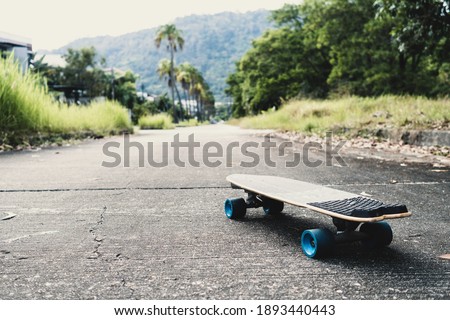 Longboard or skateboard on the road and pathway in park. Outdoor activities. Landscape and sport equipment.