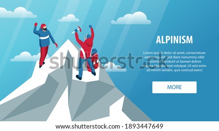 Isometric climbing horizontal banner with editable text more button and outdoor scenery ice peak and people vector illustration