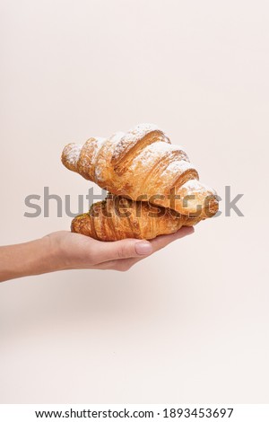Women hand holding fresh and tasty roll croissants sprinkled with powdered sugar