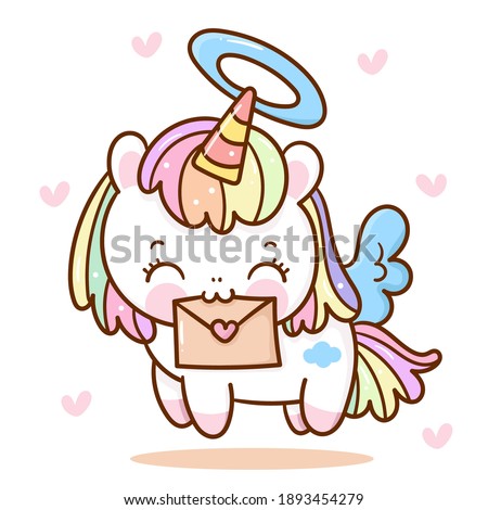 Cute Unicorn pegasus cupid vector fly on sky with love letter pony cartoon pastel background Valentines day: Series fairy tale characters kawaii animals horse (flat Girly doodles). Perfect Nursery .