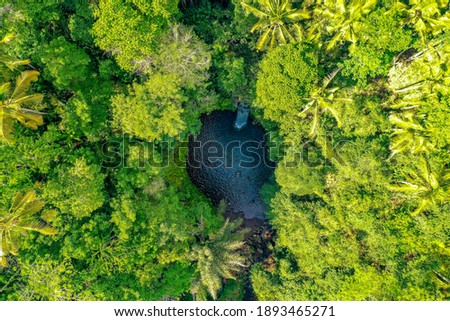 Top view of a waterfall and its pond in bali, indonesia, surrouded by a rain forest near ubud in bali