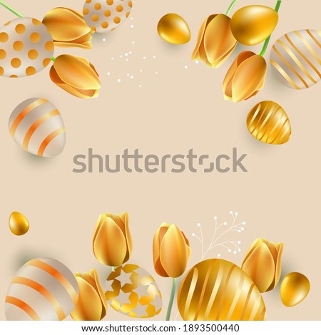 Festive greeting card with golden eggs and tulips