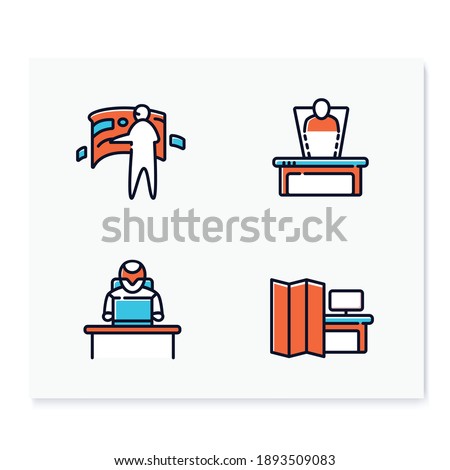 Futuristic office innovations color icons set. Telepresence, robot, virtual reality, hologram and more. Smart technologies. Workplace in future concept. Isolated vector illustrations