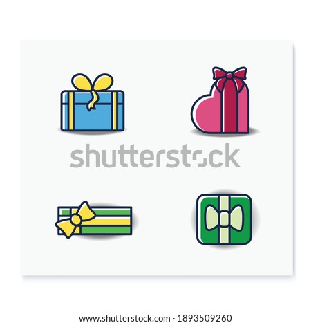 Presents color icons set. Different shapes gift boxes collection. Holiday congratulation, surprise concept. Christmas, new year, birthday celebration. Isolated vector illustrations