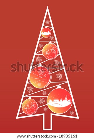 xmas tree with globes on red background