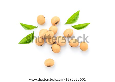 Soybean seeds with green leaf isolated on white background , top view , flat lay. Royalty-Free Stock Photo #1893525601