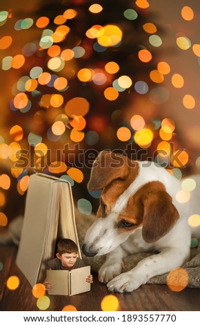 Child and his dog friend are reading a book near christmas tree. Learning, New Year holiday, friendship, happy childhood concept.