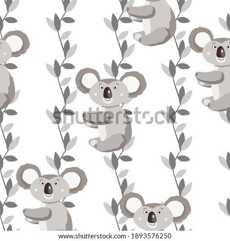 Seamless pattern with cute koala baby and leaves on  white background. Funny australian animals. Card, postcards for kids. Flat vector illustration for fabric, textile, wallpaper, poster, paper.