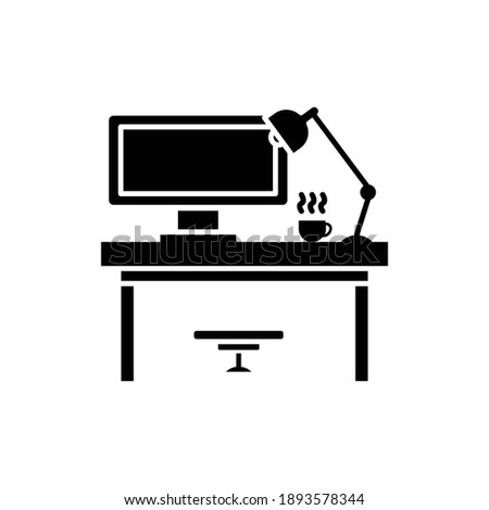 workplace symbol. desk and coffee icon with computer and table lamp. simple design editable. Design template vector