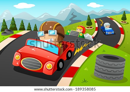 A vector illustration of happy kids in a car racing