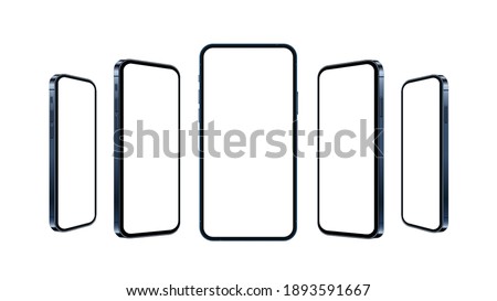 3D smartphone mockup isolated with white empty screen. Blue realistic mobile phone template. Standing on table concept for present your web or app design, vector illustration.