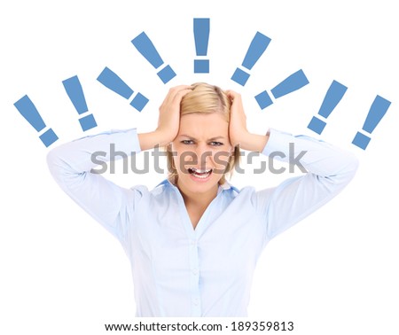 A picture of a tired and stresses businesswoman shouting over white background