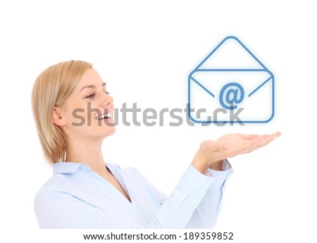 A picture of a woman with a mailbox sign over white background