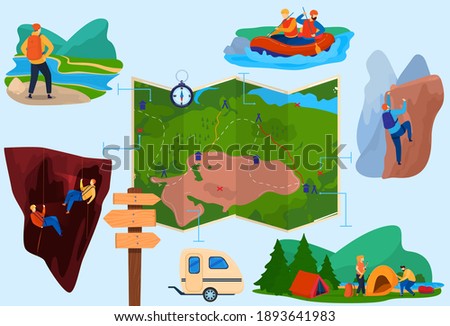 Hiking tourism set of isolated vector illustration. Mountaineering adventure tour, vacation, travel in boats, in forest. Tourist with backpacks. Route map for hiking in nature outdoor.