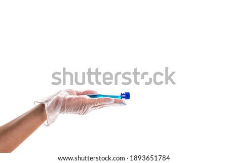 Injection. Doctor hand in medical glove hold test tube or bottle for protection flu virus and coronavirus. Covid vaccine isolated on white. Nurse or doctor. Liquid drug or narcotic