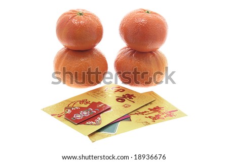 Mandarins and Red Packets on Isolated White Background