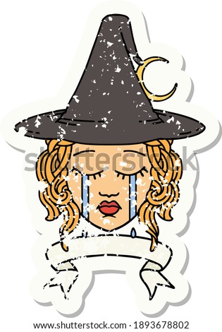 Retro Tattoo Style crying human witch with banner