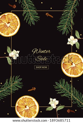 Winter sale banner. Christmas greeting card. Banner with spruce branches, snowberry, dried slices of orange, cloves spice and golden confetti on black background. Stock vector illustration.