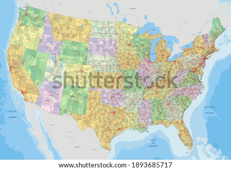 Complex USA political map with every county, major city, roads and hydrography. Royalty-Free Stock Photo #1893685717