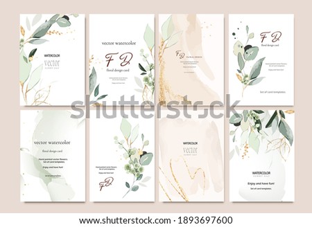 Set of card template with herbs, leaves.  Wedding invite. Vector decorative greeting card or invitation design background with watercolor and gold