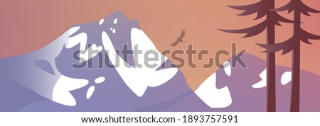 Nature with snowy mountains. Coniferous trees. Beautiful scenic landscape. Vector illustration.