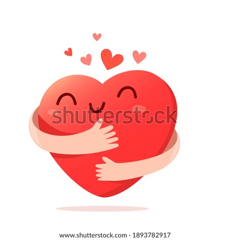 Vector cartoon cute happy heart character with smile and hands hugging self on white background, love yourself Royalty-Free Stock Photo #1893782917