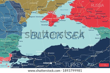 Black Sea region detailed editable map with regions cities and towns, roads and railways, geographic sites. Vector EPS-10 file Royalty-Free Stock Photo #1893799981