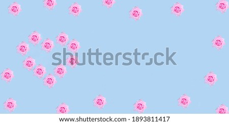 Valentine's Day banner background. Pink delicate roses in the shape of a heart on a pastel blue background with copy space.