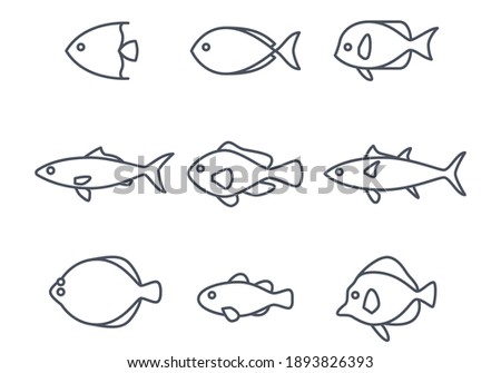 Fishes - set of isolated vector icons. Black on white background.