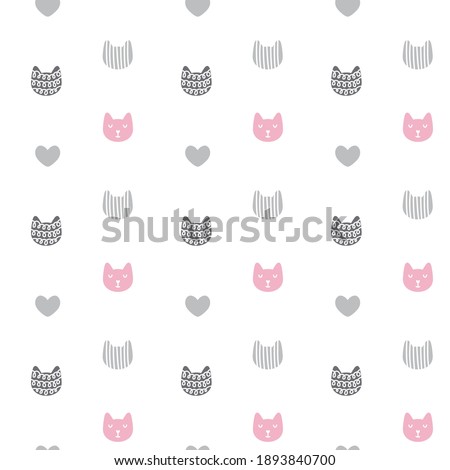 Vector seamless pattern with hand drawn textured cats in graphic doodle style. Grey and pink colored cute kitten faces. Valentines day.