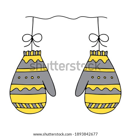 An Illustration of a pair of yellow and gray knitted mittens isolated on a white background looks like a christmas balls for decoration