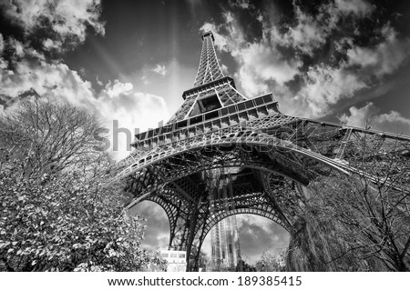 Beautiful colors of Eiffel Tower and Sky of Paris. Black and white processed