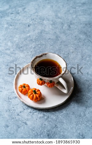 Handmade Ceramic Coffee or Tea Cups with Pumpkin and Mushroom Pattern Figure Design Handcrafted. Handicraft. Ready to Use.