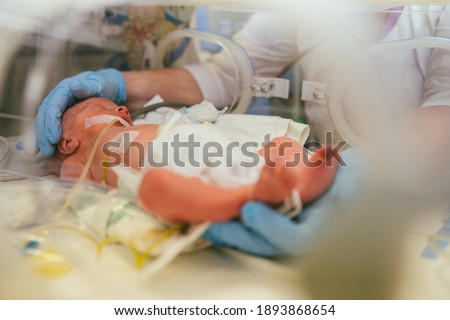 Three-day-old newborn baby in intensive care unit in a medical incubator. Macro photo of doctor's hands and legs of a child. Newborn rescue concept. The work of resuscitation doctors. Photo indoors. Royalty-Free Stock Photo #1893868654