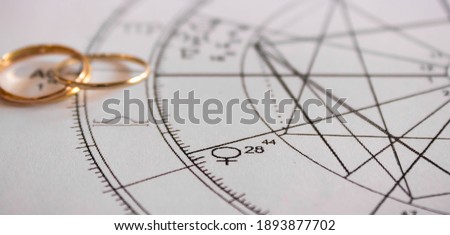 Detail of printed astrology chart with Venus planet and a wedding ring in the background