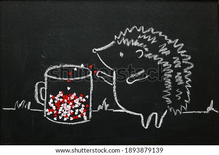 The hedgehog throws red hearts into the glass. Drawing with white chalk on a black board. Background wallpaper romantic for Valentine's Day. Congratulation postcard.