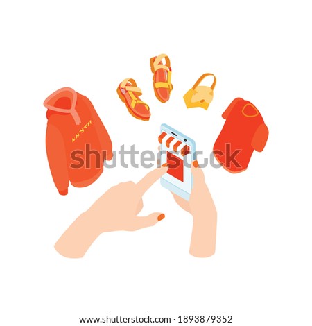Online shopping isometric concept with 3d icons of fashion goods female hands holding smartphone isolated vector illustration