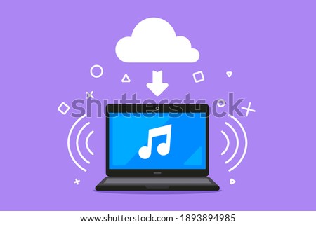 listen to music online through a cloud service on a laptop. flat vector illustration