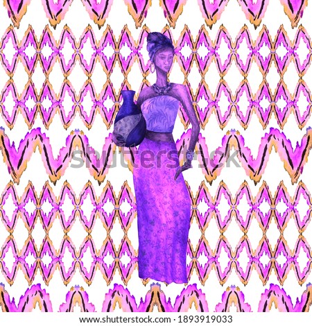 Watercolor seamless pattern with African woman on ethnic zigzag background. Colorful texture for any kind of a design. Contemporary art.